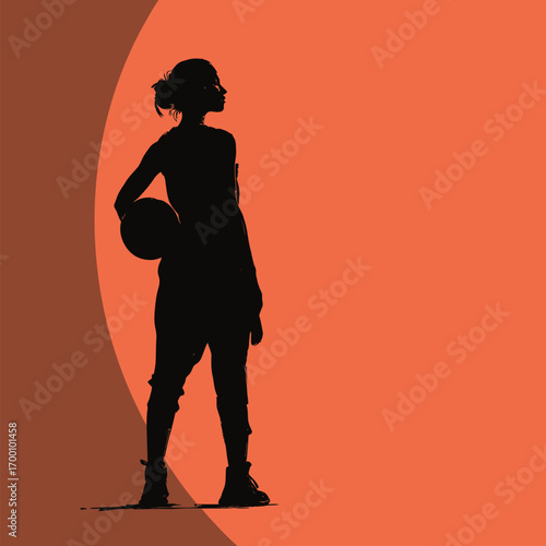 A basketball player stands in silhouette, holding a ball. The bright orange background creates a striking contrast, highlighting the players strong stance and focus.