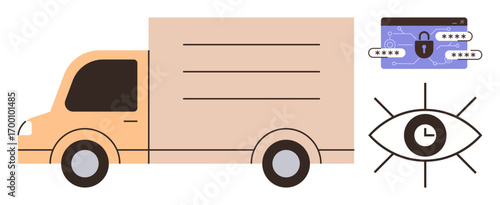 Delivery truck representing transportation, secure wallet symbolizing online transactions, and an eye with a clock focusing on surveillance and time management. Ideal for logistics, tracking