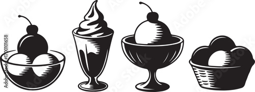 Ice Cream Collection Assorted Flavors in Bowls and Glasses Vector Illustration