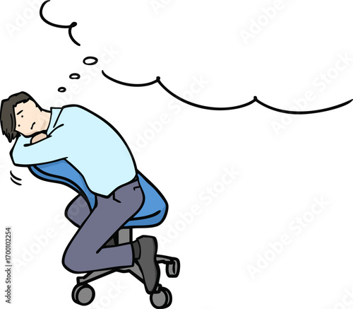 椅子に逆向きにもたれて思い悩むスーツ男性のイラスト　吹き出し付き