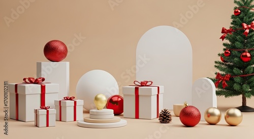A minimalist Christmas scene featuring white gift boxes, red and gold ornaments, and a small Christmas tree on a beige background.