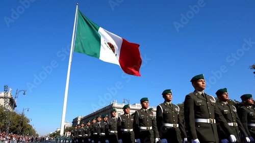 Patriotic Mexican military parade marching with national flag waving proudly in clear blue sky