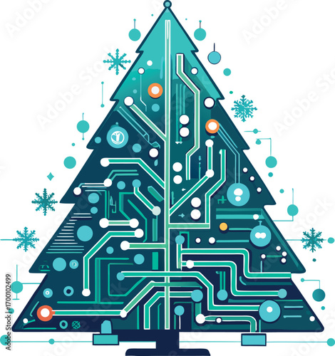 Clean vector art Christmas tree made of glowing circuit boards and microchips, digital futuristic holiday design