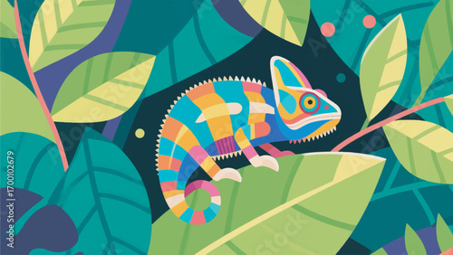 Illustration of a colorful chameleon hiding in the leaves vector design template