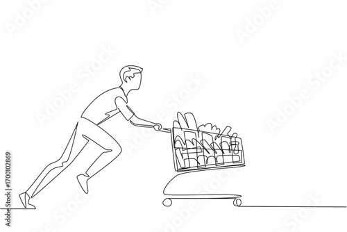 A young man pushes a grocery cart filled with products in continuous line drawing style, showcasing the business concept of retail shopping and celebrating customer culture on Shopping Cart Day.