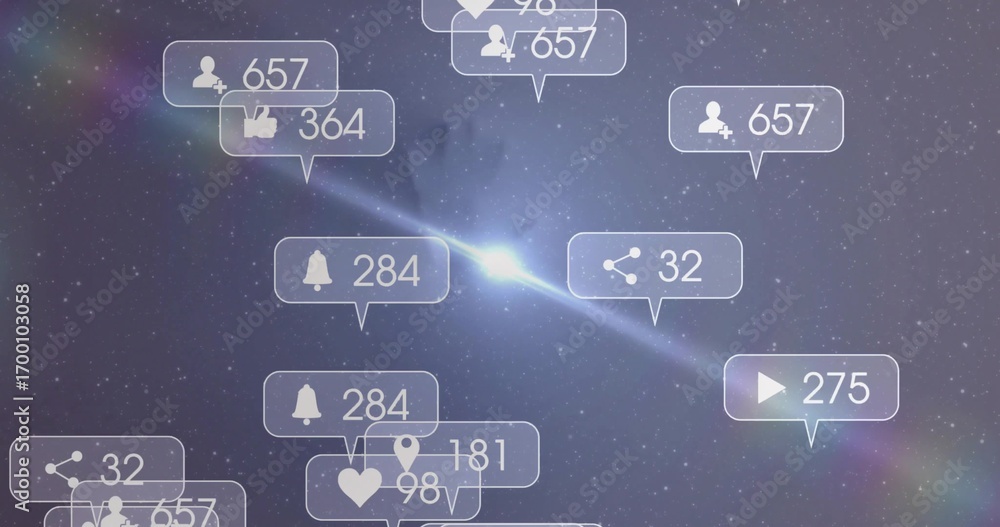 Naklejka premium Floating social media icons orbiting glow in deep space, showing user silhouettes, thumbs-up, bell