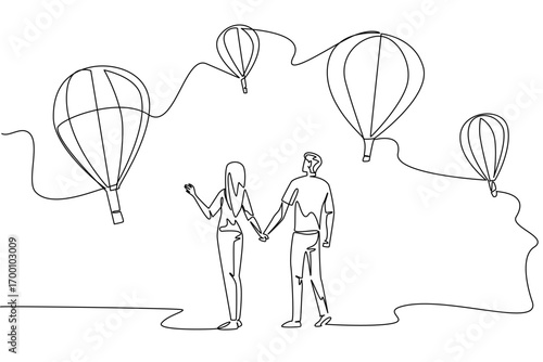 Continuous line draw of couple holding hands watching hot air balloons represents love and adventure concept for Hot Air Balloon Day, celebrating romance, travel, and scenic international experiences