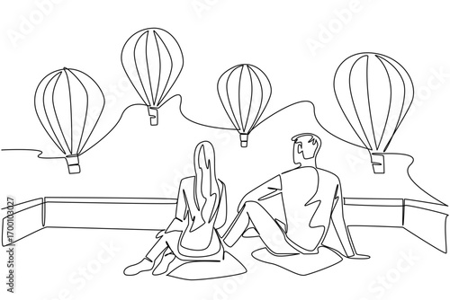 Single line drawing of a couple sitting and watching hot air balloons expresses love and travel concept within Hot Air Balloon Day, celebrating romance, freedom, and scenic international adventures.
