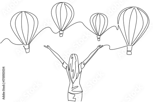 Continuous line draw of woman raising hands to hot air balloons celebrates freedom and travel concept in Hot Air Balloon Day, symbolizing joy, adventure, and international celebration of exploration