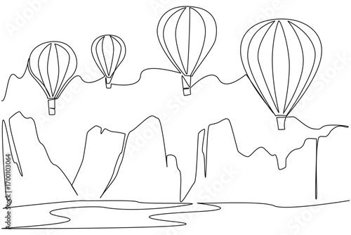 Continuous line drawing of hot air balloons flying over mountains captures an adventure concept for Hot Air Balloon Day, symbolizing freedom, travel dreams, and breathtaking international celebrations