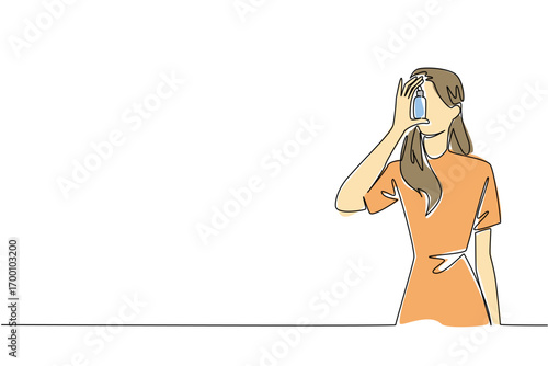 Continuous line drawing of a woman holding serum bottle in front of her eye, shows health concept under the theme of National Clean Beauty Day. Skincare, natural cosmetics, and clean beauty awareness.