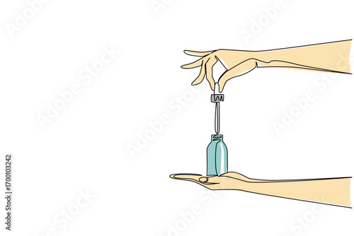 Single line draw of hands holding dropper with skincare bottle represents a health concept tied to National Clean Beauty Day, symbolizing natural beauty, wellness routine, and eco-conscious skincare