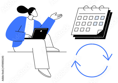 Woman working on laptop gestures toward a calendar next to recycling arrows. Ideal for time management, scheduling, productivity, workflow, planning, organization, teamwork. Simple flat metaphor