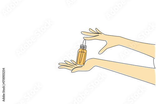 Continuous line drawing of hands presenting serum bottle embodies health concept in National Clean Beauty Day, supporting natural cosmetics, skincare awareness, and eco-friendly beauty practices.