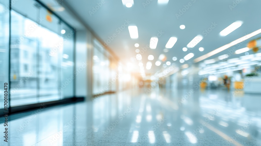 Fototapeta premium Modern interior blurring glass walls, polished flooring, bright sunlight streaming through architectural space suggesting contemporary office or airport environment with minimalist elegance