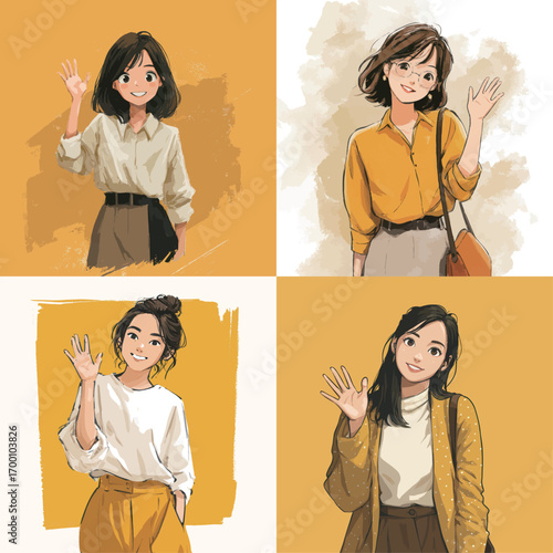 Four women with different hairstyles and outfits wave cheerfully against bright yellow backgrounds. Each has a unique style, showcasing contemporary fashion elements.