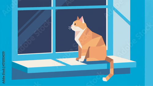 illustration of a cat sitting on a windowsill looking out vector design template