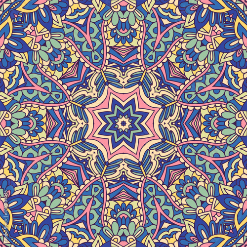Mandala star ethnic festival art seamless pattern. Vector intricate geometric mosaic mexican mood print. Colorful repeating kaleidoscopic background arabesque