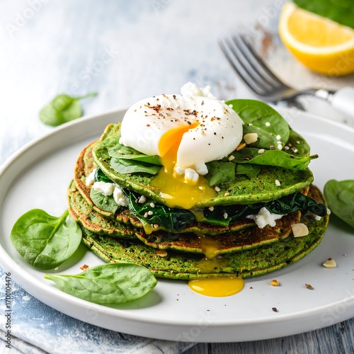 Spinach pancakes topped with poached egg and feta
