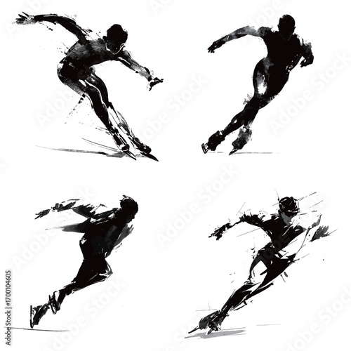 Four striking illustrations showcase the dynamic movements of speed skaters in black and white. Each figure embodies speed and athleticism through fluid lines and forms.