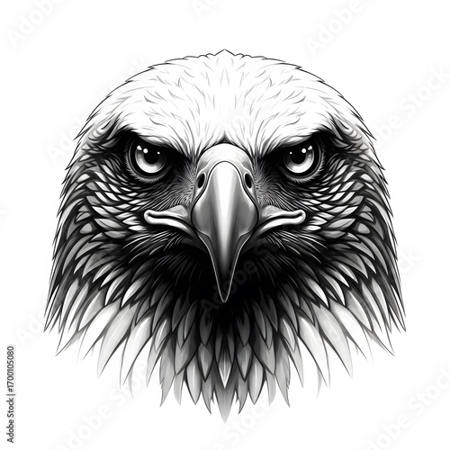 Black and White Eagle Head Illustration with Intense Eyes in Realistic Style