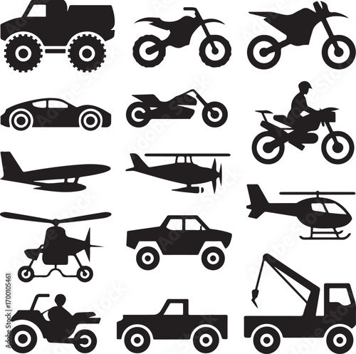 Collection of Silhouette Icons Representing Various Vehicles and Transportation Keywords: truck