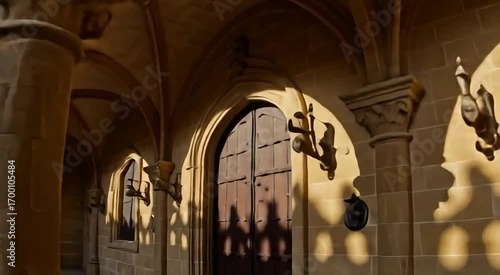 Sunlight casts dramatic shadows on ancient stone arches and a weathered wooden door.