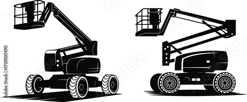 Boom, lift, silhouette, aerial, work, platform, construction, equipment, vehicle, industrial, machinery, basket, arm, extendable, black, icon, maintenance, height, safety, transport