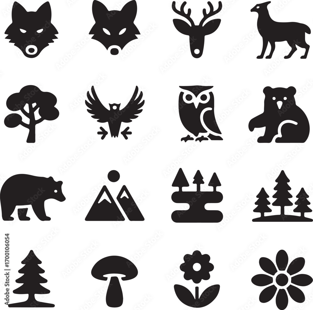 Fototapeta premium Assortment of Silhouette Icons Featuring Wildlife and Nature Keywords: fox, wolf, deer, antelope