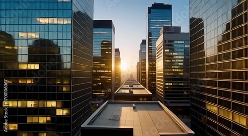 Golden sunset illuminates towering modern skyscrapers in a bustling urban landscape.