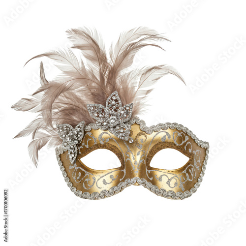 Ornate gold masquerade mask with feathers isolated PNG with Transparent Background