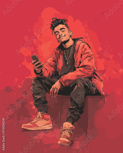 A relaxed young man enjoys his smartphone while sitting on a platform. He sports a trendy outfit with a confident expression against a vivid red backdrop.