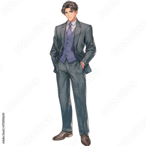 Young man dressed in a tailored suit with a vest and dress shoes stands confidently with hands in pockets. His hairstyle adds a modern touch to his classy appearance.