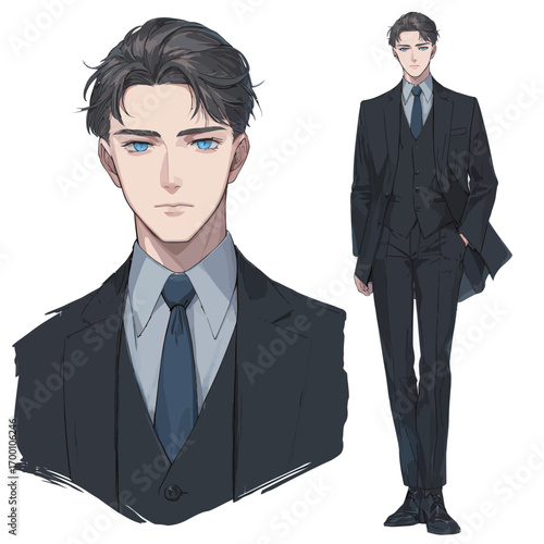 A stylish young man stands tall in a well-fitted black suit, showcasing an elegant look with a crisp white shirt and a blue tie.