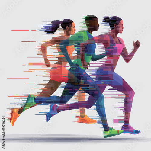 Three athletic women run side by side, their bodies depicted with vibrant colors to emphasize their speed and power. The dynamic motion reflects energy and competition.