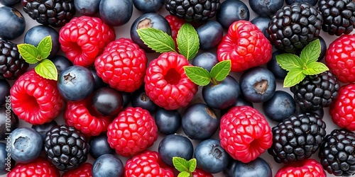 A vibrant mix of raspberries, blueberries, and blackberries, isolated on white, showcasing their juicy texture and rich color,  delicious,  antioxidants