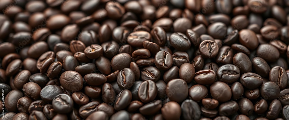 Fototapeta premium Close-up of dark roasted decaf coffee beans, caffeine-free, caffeine, top view