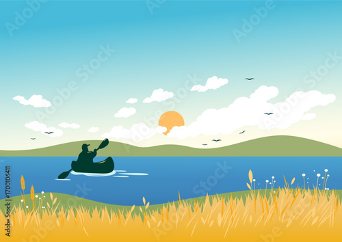 Scenic lake or river summer landscape with a person rafting on kayak or canoe rowing with paddles in boat. Kayaking sport person using a kayak for moving over water. Vector Illustration