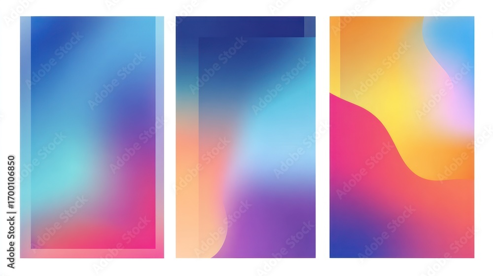 Fototapeta premium Three abstract blurry color gradient backgrounds in shades of blue, pink, yellow, and purple