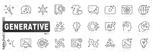 Generative AI outline icons for content creation: model, prompt, synthesis, automation, design, editing, image, video, audio, chatbot, workflow, interface, vector