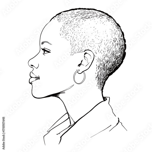 A detailed profile drawing features a woman with a closely cropped hairstyle. Her expression is calm and focused, highlighted by her prominent earring and smooth features.