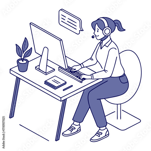 Woman at modern desk with headset, participating in online meeting, isolated white background.