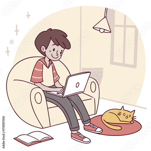 Young man sitting on the sofa with a laptop on his lap, a cat sleeping beside him.