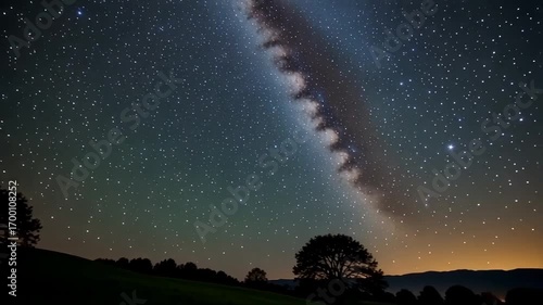 Vast starry night sky illuminated by a wispy cloud and distant lights, over rolling hills.