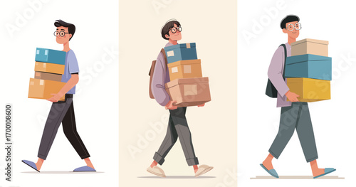 Three young adults are seen walking with stacks of boxes while relocating to a new home. They appear cheerful and determined as they carry their belongings.
