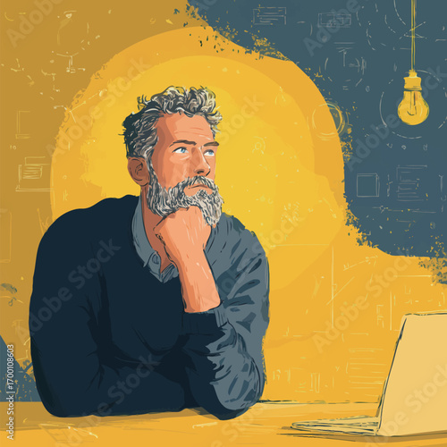 A man with a beard sits thoughtfully at a table, gazing at his laptop in a creatively designed workspace filled with vibrant colors.