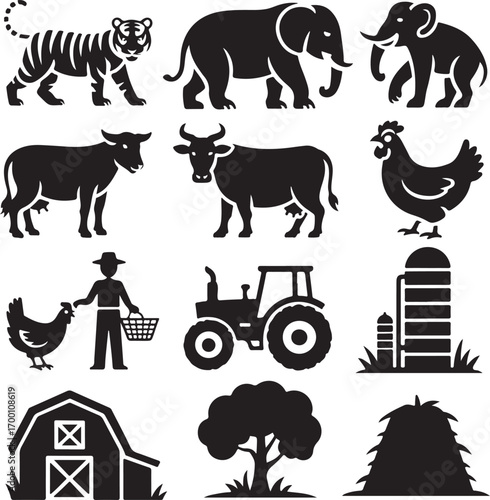 Collection of farm and wild animal silhouettes with tractor and barn Keywords: tiger, elephant, cow