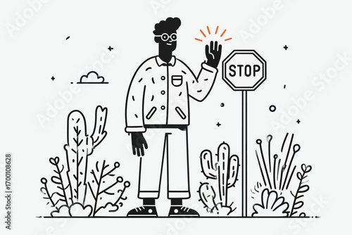 A person stands in a desert setting, raising a hand to signal stop in front of a stop sign. Surrounding cacti and plants add to the scenery.