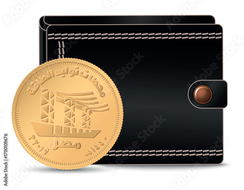 Egyptian money with a wallet in the background. 50 piastres 2019 Power Stations. A 50 piastres coin next to the wallet.
