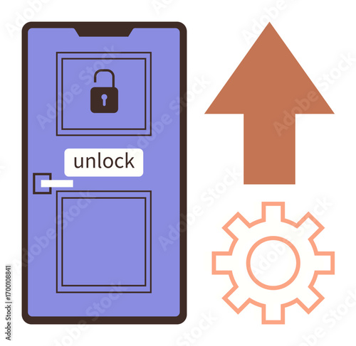 Purple door with unlocked padlock, upward arrow suggesting growth, and gear representing settings. Ideal for access control, opportunity, progress, success, automation, updates user interface